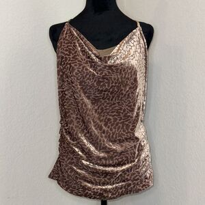 Y2K New York & Company Halter Top Womens Medium Brown Animal Print Cowl Neck
